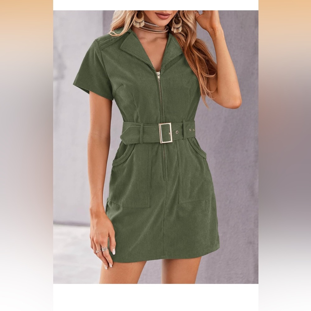 Olive Green Corduroy Belted Zip-Front Mini Dress